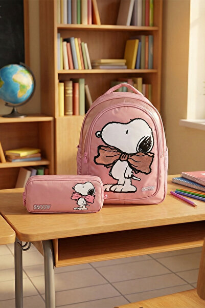SNOOPY Lisanslı Fiyonklu Çocuk Sırt Çantası ve Çift Bölmeli Kalemlik Okul Set...