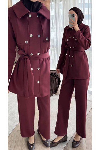 Molly Nelly Women's Scuba Snap Closure Belted Pants Suit