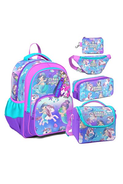 Coral High Mor Pembe Unicorn Desenli Kız Çocuk Beşli Okul Çanta Seti - İlkoku...