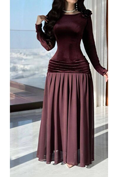 VİVİ فستان ماروني مخمل مع تنورة شيفون واسعة