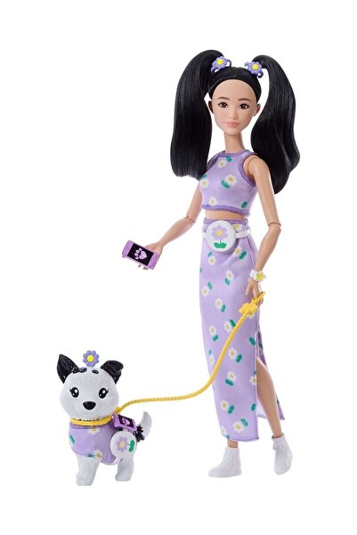 Barbie Oyuncak Uyumlu Dostlar Siyah Saçlı Bebek ve Köpekçiği JFP39