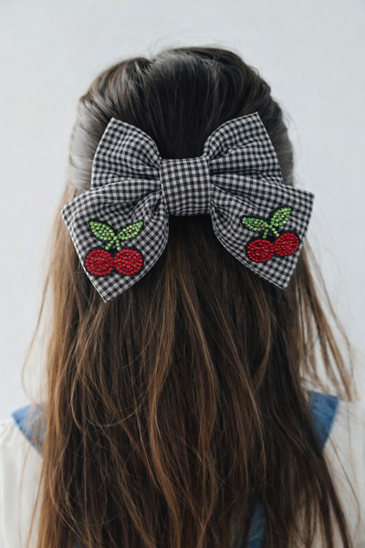 Katia&Bony Black gingham bow with cherry accessory automatic buckle