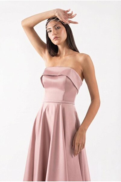 Spazio İvette Straplez Sırt Çapraz Bağcıklı Kloş Kısa Abiye Elbise PUDRA