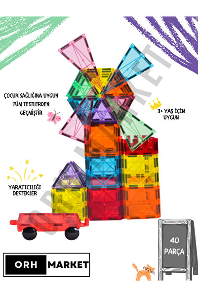 ORH Market 40 Parça Manyetik Eğitim Blokları Çocuklar için Zeka ve Yaratıcılı...