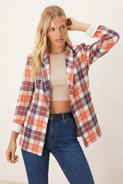 armonika Women's Purple Shawl Collar Sleeves Paneled Single Button Jacket Arm-26K001087