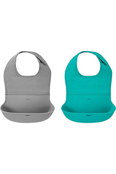 Oxo Tot مريلة قابلة للطي - عبوة من قطعتين - رمادي وأزرق مخضر - جودة أوروبية