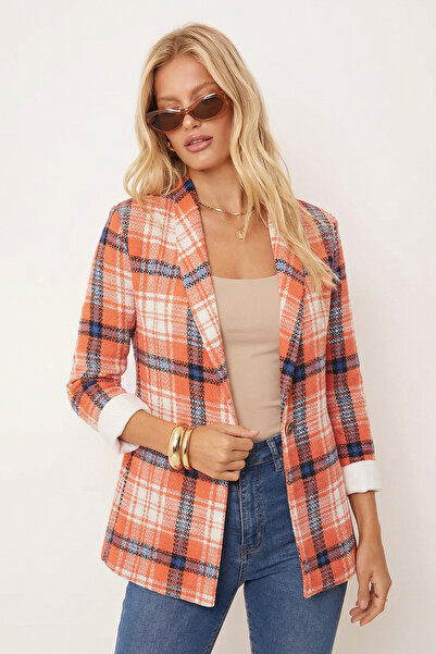 armonika Women's Orange-White Shawl Collar Sleeves Paneled Single Button Jacket Arm-26K001087