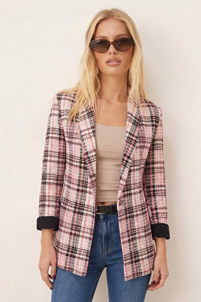 armonika Women's Pink Shawl Collar Sleeves Paneled Single Button Jacket Arm-26K001087