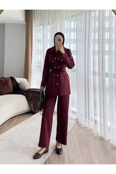 Molly Nelly Γυναικείο Σετ Παντελόνι με Ζώνη και Κουμπωτό Κλείσιμο