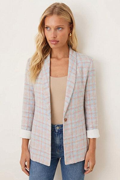 armonika Jachetă pentru femei Baby Blue Shawl Collar Sleeves cu secțiuni cu un singur nasture ARM-26K001087