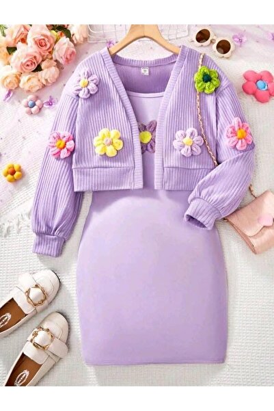 MİA SHİNE S Çiçekli Hırkalı 2’li Kız Çocuk Elbise Takım