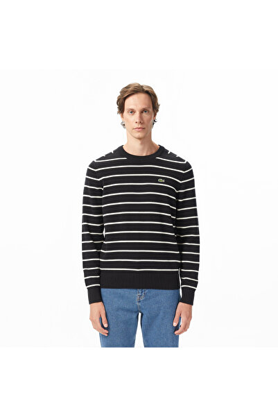 Lacoste Erkek Classic Fit Bisiklet Yaka Çizgili Siyah Kazak