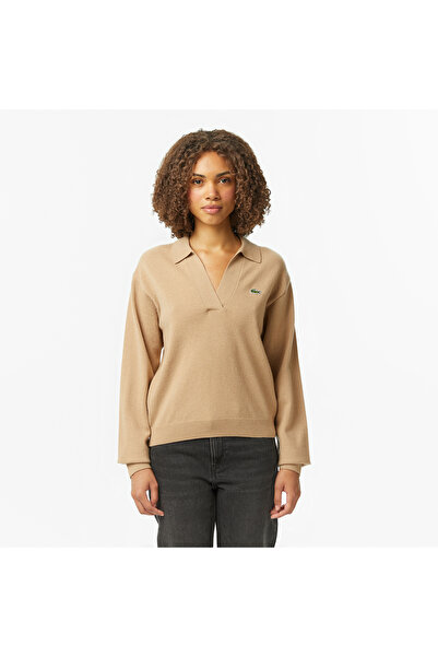 Lacoste Kadın Classic Fit Polo Yaka Bej Kazak