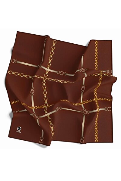 VİOLLA Soft Zincir Desenli Taba Renkli 90x90 Eşarp (İpek İçermez) Kenar Dikiş...
