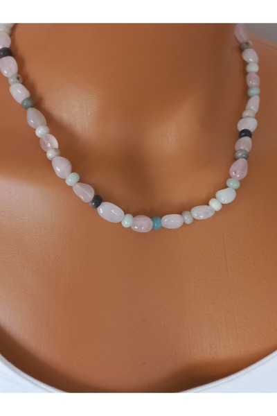 LemaStone Design Necklace Real Natural Stone (Pink Quartz and Amazonite Stone)