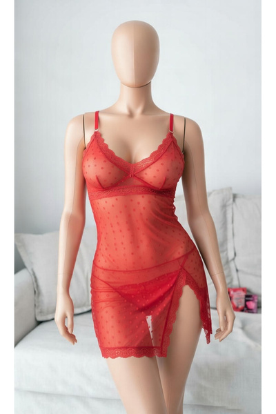 Nightlight Kadın Kırmızı Tül Gecelik Fantazi Babydoll Takımı Dantelli Mini Gecelik - 1071