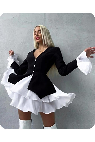 Sisa Butik İthal Dalgıç Kumaş Eteği Garnili Düğme Detaylı Elbise