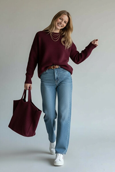 Vireo Club Pulover pentru femei Plum guler rotund supradimensionat