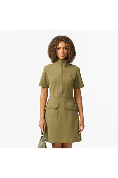 Lacoste Kadın Classic Fit Kısa Kollu Dik Yaka Haki Elbise