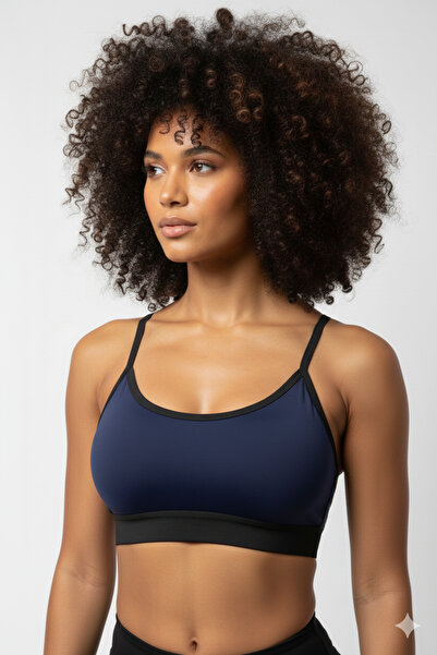 MİSTİRİK Astura Model Thin Strap Back Detail Cross Design Soft Women's Padded Bra Navy Blue Color