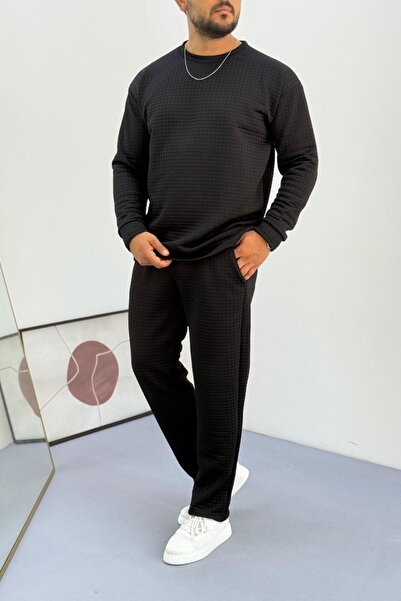 Know Erkek Siyah Bisiklet Yaka Kapitone Desenli Waffle Kumaş Alt-Üst Takım