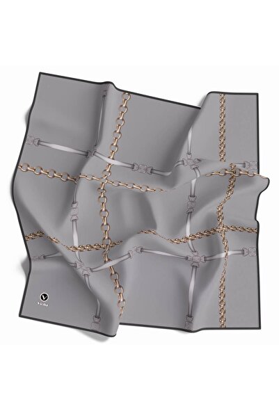 VİOLLA Soft Zincir Desenli Gri Renkli 90x90 Eşarp (İpek İçermez) Kenar Dikiş ...