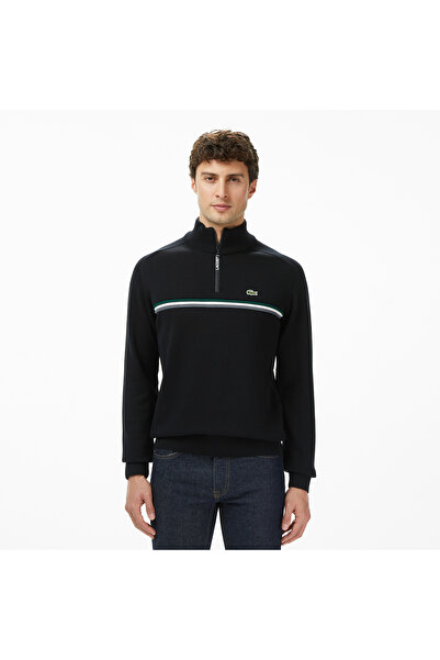 Lacoste Erkek Classic Fit Yarım Fermuarlı Çizgili Siyah Kazak