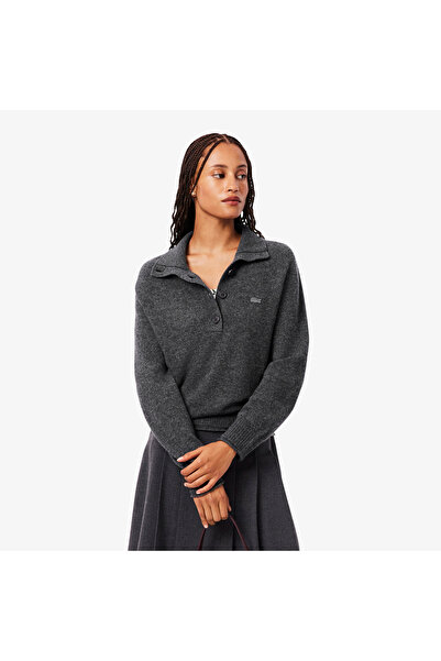 Lacoste Kadın Classic Fit Dik Yaka Gri Kazak