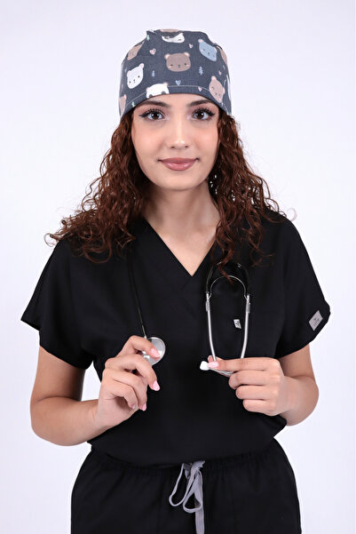 LITTE Unisex Ayıcık Desenli Medikal Cerrahi Bone Doktor Hemşire Hastane Bonesi