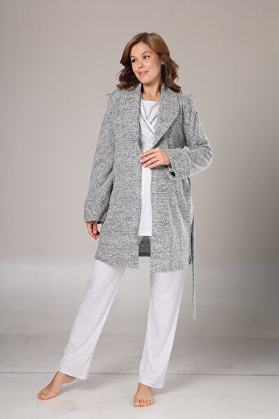 Rimel Homewear Gri Polar Sabahlıklı Hamile ve Lohusa 3'lü Pijama Takımı - Emz...