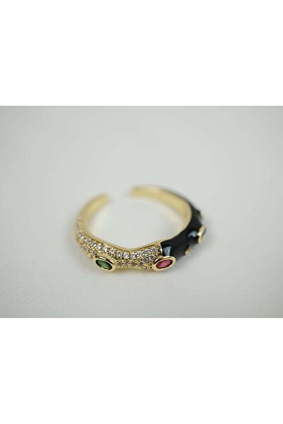 ATELİER TUĞBA خاتم YZK032 قابل للتعديل مع تفاصيل من حجر المينا الأسود والأحجا...