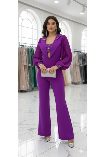 Robes Kadın Abiye Tulum Taş İşlemeli Şifon Kollu Nikah Ve Davet Söz Nişan Yen...