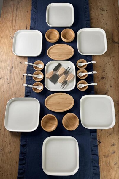 Atbyhome Lumo 6 Kişilik 29 Parça Doğal Bambu - Seramik Kahvaltı Takımı – Kahv...