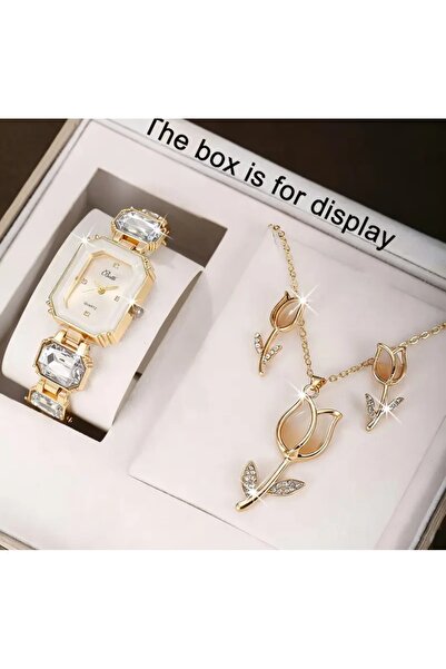 stainless steell VİP gold renk kare kuvars saat 4 parça lale set