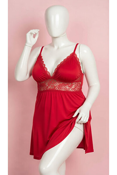 Nightlight Büyük Beden Dantelli Saten Gecelik Fantazi Gecelik Takımı Kırmızı - 3441