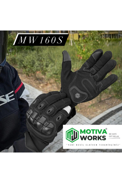 MotivaWorks قفازات دراجة نارية طويلة باللون الأسود مع حماية فليكس شيلد MW160S