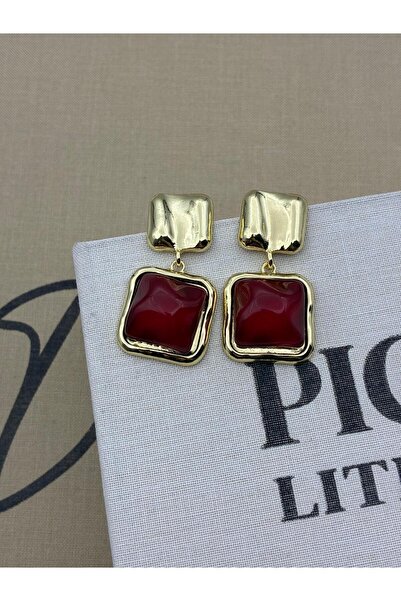 Hedef Bijuteri Bordo Kare Taşlı Gold Detaylı Sallantılı Tasarım Küpe