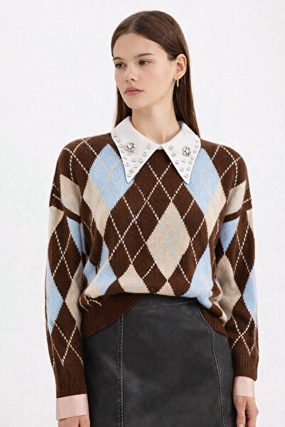 CROCUS DESIGN Gömlek yaka tasarım kristal çiçek model aksesuar