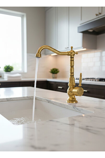 EMFA AKSESUAR Vintage Mutfak Bataryası Gold Vintage Evye Musluğu İşlemeli Arm...