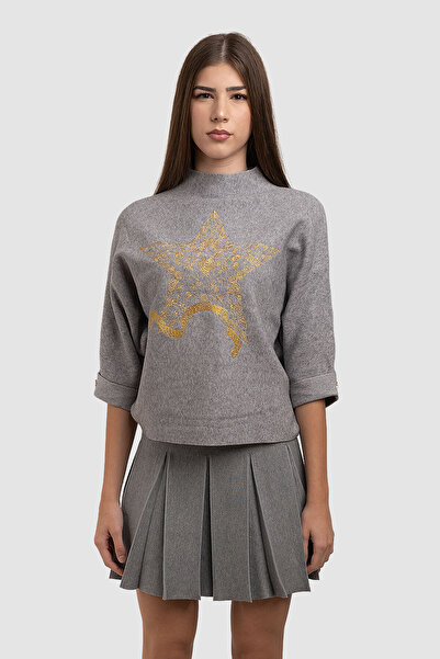 EW Women’s Cream Knit Sweater with Gold Floral Star Print
