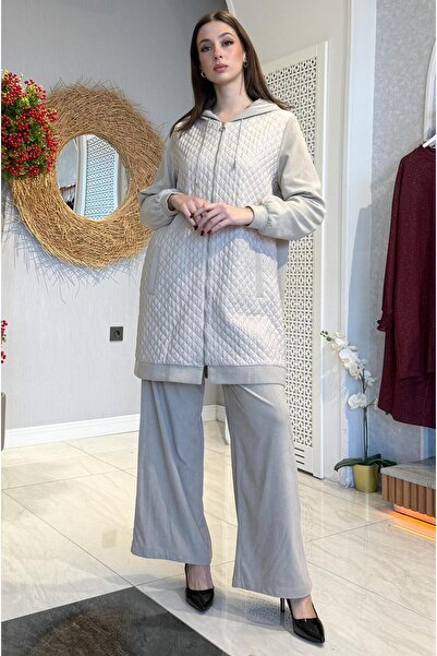 Doque Kapitone Detaylı Kadife İkili Pantolonlu Takım - Taş