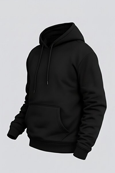 DAMGA JEANS Erkek Rahat Basic Siyah Kapşonlu Sweatshirt