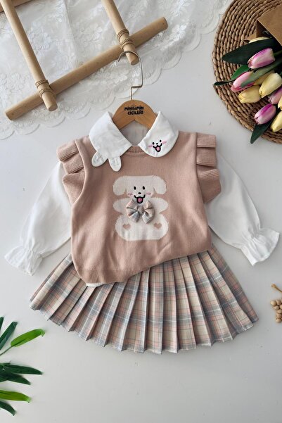 Minigimin Cicileri طقم ملابس للفتيات من Miniğimin مكون من 3 قطع بنمط أرنب لطيف وتنورة منقوشة - لون بودرة