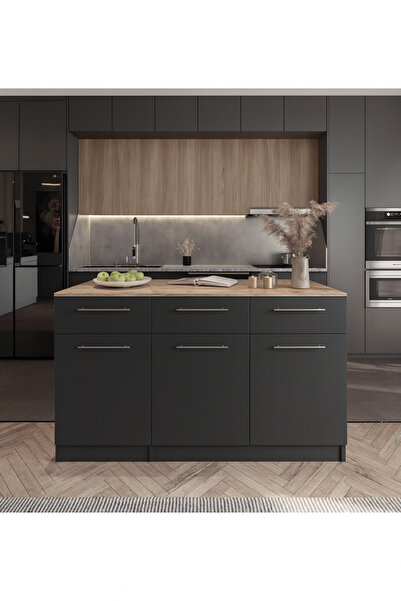 Tdesigno Afro Mutfak Adası - Alt Modül - 2 Çekmeceli 3 Kapaklı - 150 cm Antrasit - Tezgah Dahil