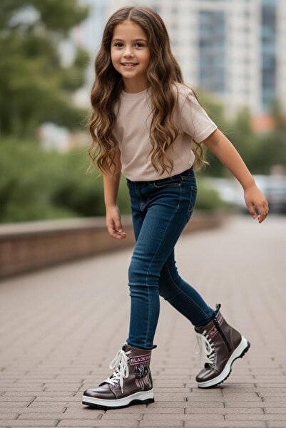 BAYRAMOĞLU KUNDURA Anthracite Children's Boots with Zipper and Lace Detail