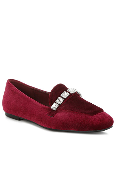 london Rag Women Velvet Diamante Strap Loafers in Dark Red