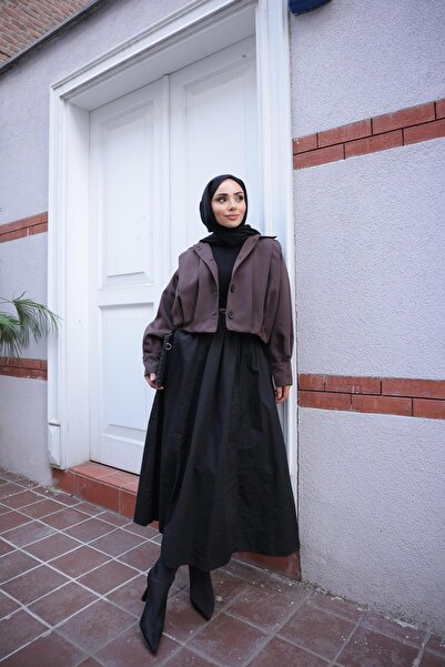 Bwest Düğmeli Geniş Kollu Kısa Bomber Ceket - (38-44) - 71342 - Kahverengi