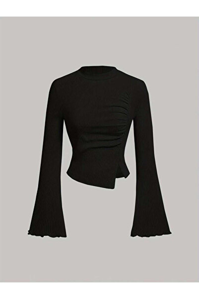 Take Two By Styli Women Black Ribbed Flare Sleeves Top