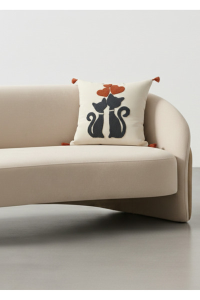 Destiva Home Colorful Cat Motif Punch Embroidered Decorative Throw Pillow Cover Cotton 42X 42 cm