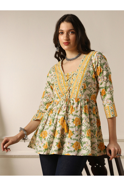 Globus By Styli V Neck Floral Print Tie-Up Tassel Detail Gathered Tunic